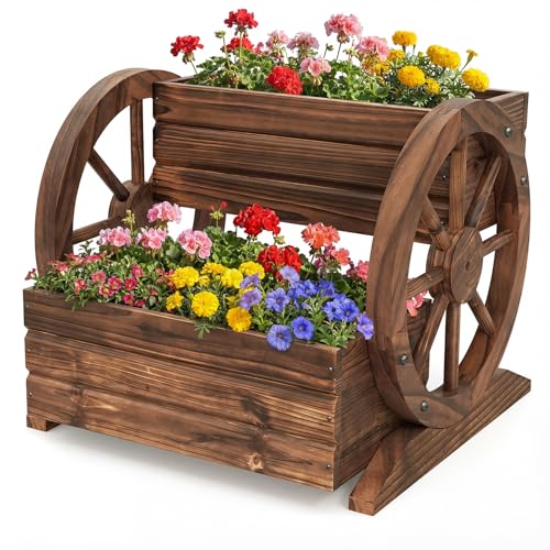 COSTWAY Blumenkasten mit Wagenrad Hochbeet Holz Pflanzkübel mit 2 Etagen & Ablauflöchern Blumenbeet Gartenbeet rustikal Deko für Terrasse Balkon Garten Braun (46 x 44 x 35 cm)