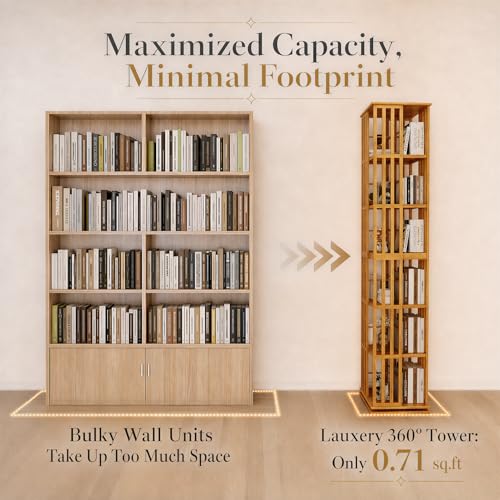 Image of Lauxery 6-Tier 360 Bamboo Rotating Bookshelf, Natural, 74.8 in | Easy Assembly, Ample Storage,1200 lbs capacity, Compact Footprint, Freestanding, dual shelf heights, for living room