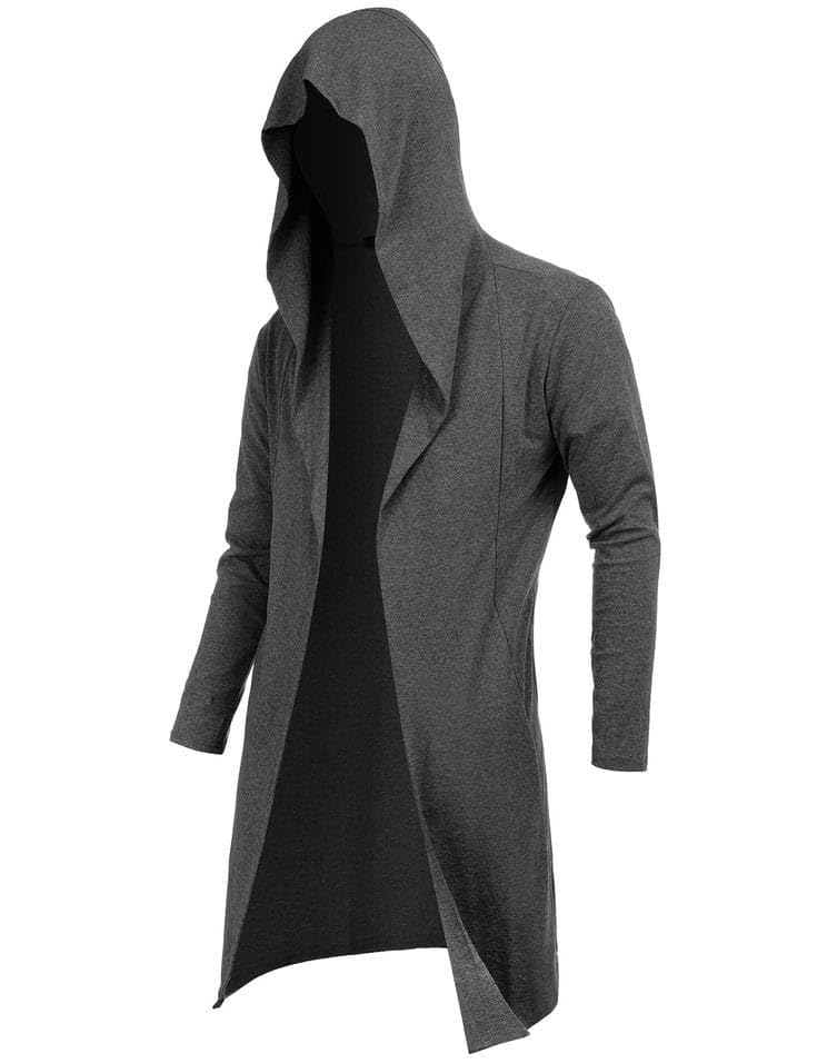 Longline Hooded Cardigan Ruffle Shawl Collar Open Front Drape Cape Overcoat