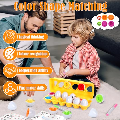KOMABLEN 12Pcs Passende Eier Montessori Spielzeug, Eier Kinder Farb und Formen Sortierung Anerkennung, Puzzle Eier Sensorik Spielzeug Kleinkinder Mit Aufklebern und Stift für Ostern, Kindertag