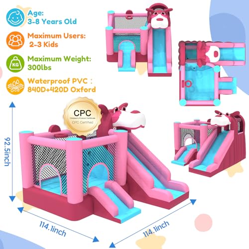 MUKDIY Inflatable Bounce House Double Slide, 9.5ft x9.5ft Jumping Castle for Kids,Heavy-Duty 840D Oxford Fabric, Ages 3-8, Includes 350W Blower, 8 Stakes, Repair Kit (Up to 3 Kids), Pink & Blue - Image 3