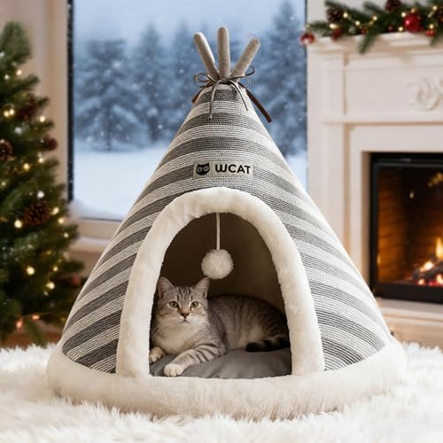 VanderHOME 猫 ハウス ベッド ペット用寝袋 ド円錐型 キャットハウス 小型犬 猫用 犬猫兼用 暖かい ふわふわ 折りたたみ式寝マット 滑り止め ハンギングトイ付き 保温防寒 室内用厚み 冬 寒さ対策 可愛い おしゃれ S