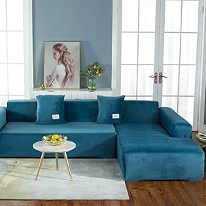 Velours unie ensemble de canapé d’angle Revêtement De Canapé, Extensible Housse de Canapé Couverture Protection pour mobilier Antidérapant Complet forme de L élastique Couverture de Canapé