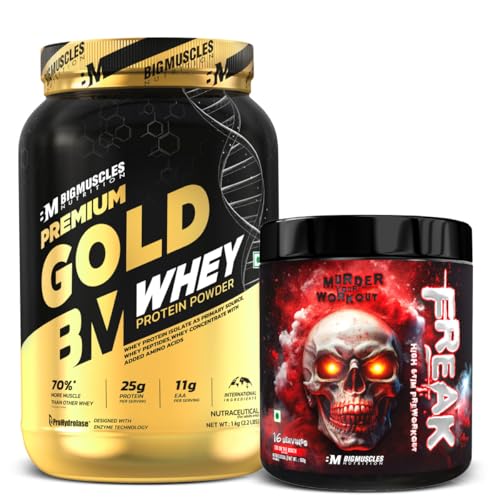 Image of Bigmuscles Nutrition Premium Gold Whey [1 Kilogram] [Chocolate] & Freak Pre-Workout (90G, 15 Servings, Sex On The Beach) Combo | Informed Choice UK Certified | 3Rd Party Lab Tested, 2 Count