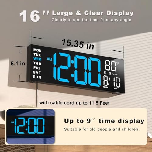 Image of JALL 16 inch Large Digital Wall Mount Clock, Count Down Timer, Alarm, Big LED, RGB Color, DST, Temperature for Living Room Classroom Desk, Xmas, Birthday Gift for Senior Mom Dad (Blue White, 16 inches)