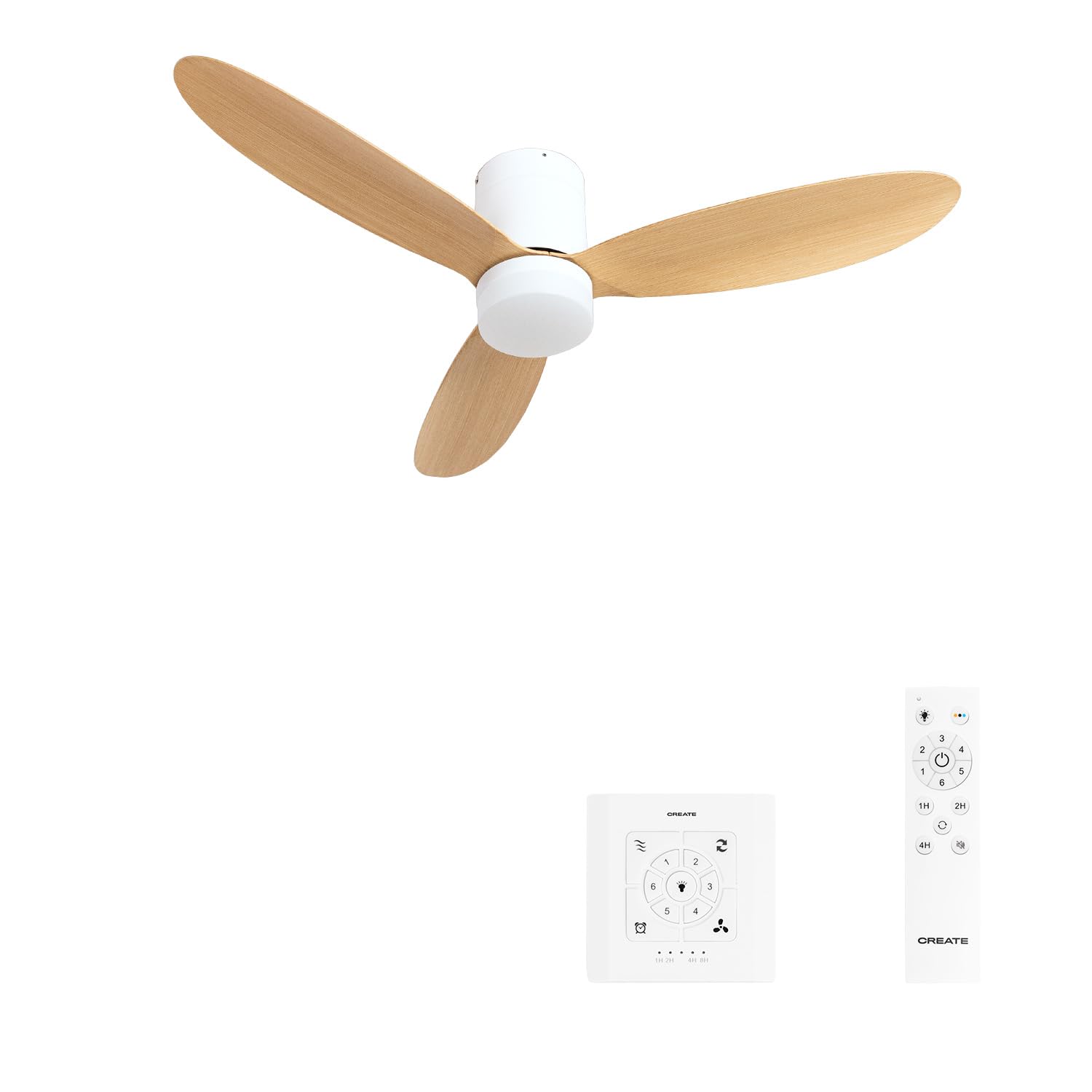 CREATE / WIND LITE/Ceiling fan with light wood light with wall controller and control/40W, silent, Ø132 cm, 6 speeds, programmable, summer-winter function, LED light 3 temperatures