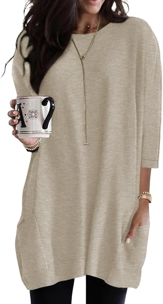 Poetsky Womens 3/4 Sleeve Tunics or Tops to Wear with Leggings Long Shirts Tops with Pockets Large Apricot