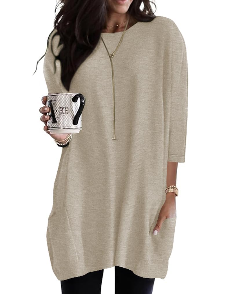 Damen Tunika Kurzarm / 3/4 Ärmel Longshirt mit Taschen Rundhals Tops S-3XL