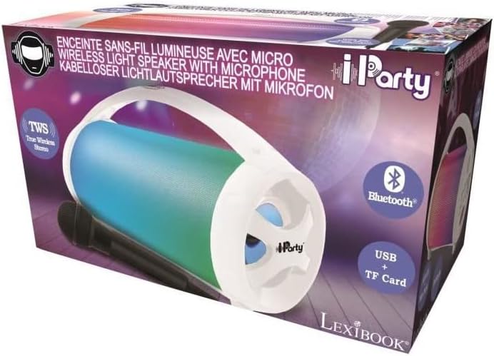 Lexibook, iParty, Portable Bluetooth Light Speaker with Microphone, Stereo, Light Effects, Karaoke, Wireless, USB, SD Card, Rechargeable Battery, White, BTP585Z