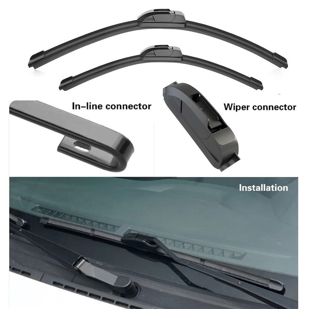 Close-up of inline and wiper connectors, and a view of the wiper blade installed on a car windshield