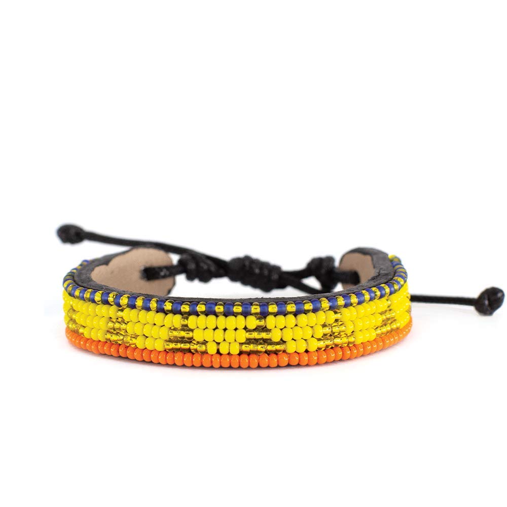 Ubuntu Life Tribal Piramidi Beaded Leather Bracelet – Handmade Glass Bead Bracelet with Slide Closure and Genuine Leather, Stackable Bohemian Bracelets for Women and Men (Yellow/Gold)