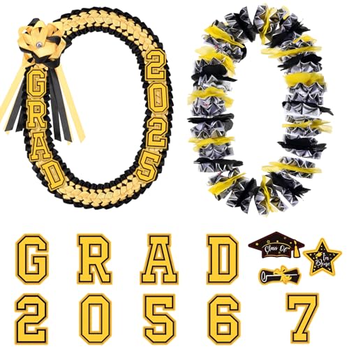 Sureio 2025 Graduation Leis Hawaiian Lei Graduation Money Ribbon Leis Double Braided Necklace Graduate Gift or Women Men(Black and Gold)
