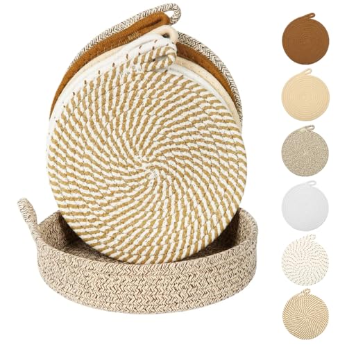 8 Inch Trivets for Hot Dishes,Trivets for Hot Pots and Pans,6 Pcs with Storage Basket 1 Pack,Quartz Countertops,Hot Pads for Countertops,Pot Holders and Hot Pads for Kitchen,Farmhouse Decor