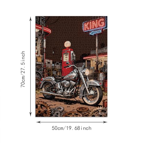 Rompecabezas para adultos de 1000 piezas: Motocicleta en una gasolinera, arte de cómics estadounidenses, incluye bolsa de almacenamiento, decoración para pared, 27,5" x 19,6" miniatura 3