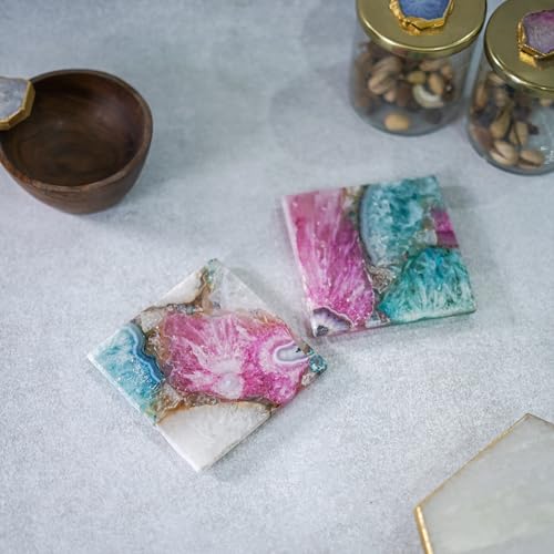 Image of Crystal Agate Stone Coaster Set of 2 Square Table Coaster for Bar Beer Coffee Tea Drinking Coasters for Dining Table Hot Pots -Multicolor