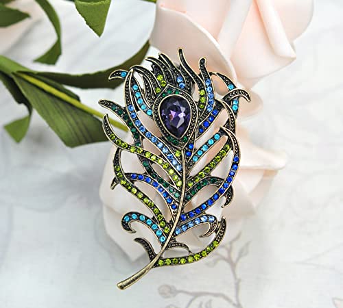 Gyn&Joy Women's Green Blue Colored Rhinestones Peacock Feather Pin Brooch Bz035S #TOP3