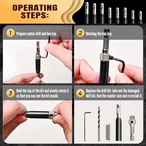 Canitu 17Pcs Black Self Centering Drill Bit Set 1/4" Hex Shank VIX Bit, 5/64-1/4” Quick Change Hinge Center Drill Bits with 1 Hex Key & 8 Drill Bits for Woodworking Metal Wood Cabinet Window Door by Canitu - Image 3