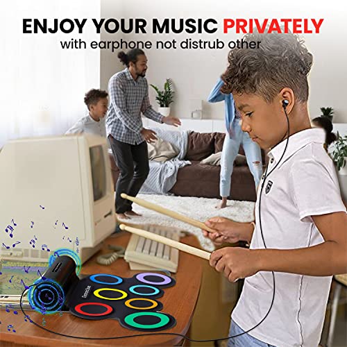 Oirtmiu Portable Electronic Drum Set Roll-Up Drum Practice 7 Pads Drum Kit Built-In Speaker With Headphones Drum Pedals Drum Sticks 10 Hours Playtime, Great Holiday Birthday Gift For Kids(Rainbow) #TOP2