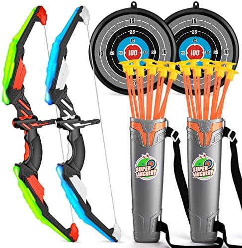 TEMI 2 Pack Set Kids Archery Bow Arrow Toy Set Outdoor Hunting Play with 2 Bow 20 Suction Cup Arrows 2 Target & 2 Quiver, LED Light Up Function Toy, Outdoor Toys for Kids, Boys & Girls Ages 3-12 TEMI 2 Pack Set Kids Archery Bow Arrow Toy Set Outdoor Hunting Play with 2 Bow 20 Suction Cup Arrows 2 Target & 2 Quiver, LED Light Up Function Toy, Outdoor Toys for Kids, Boys & Girls Ages 3-12