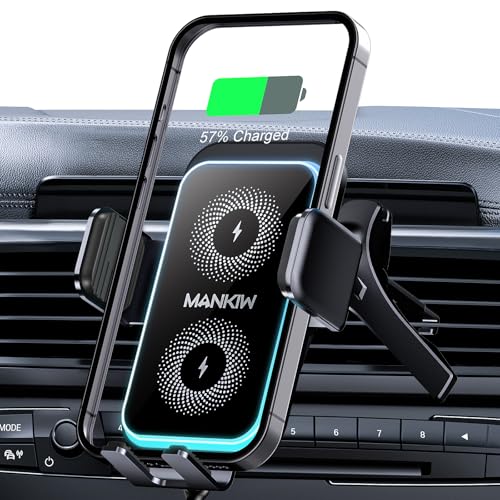 MANKIW 15W Cargador Inalámbrico Coche, Soporte Movil Coche Carga Rápida, Sujeción Automática, Compatible con iPhone 16/15/14/13/12, Samsung Galaxy S23/S22, e