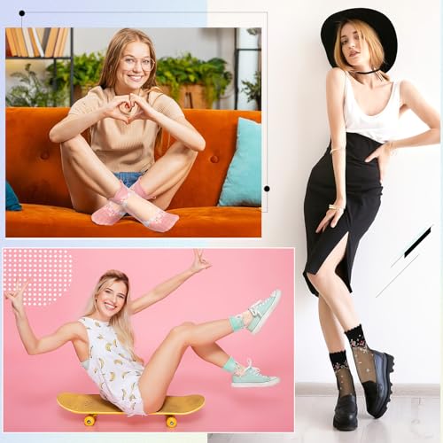 6 Pairs Women Summer Socks Mesh & Lace Ankle Socks - Transparent Floral & Fishnet Designs 6