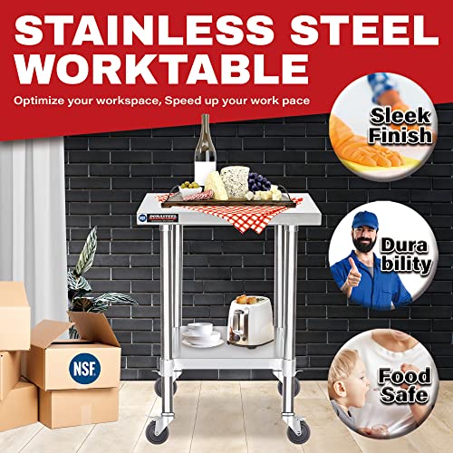 Image of DuraSteel 24x24 NSF Stainless Steel Cart Work Table - Heavy Duty Rolling Food Prep Table - Metal Utility Cart on Wheels Caster, Grill Stand Microwave Outdoor Kitchen Tables Countertop Island Large Top