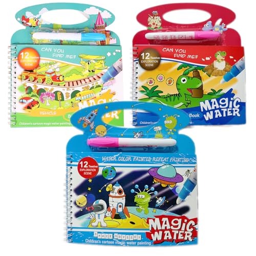 EcoJozon Set 3 Libri Magici Pittura ad Acqua con 3 Penne - Water Book Riutilizzabile per Bambini 2+ Anni, Giocattolo Educativo Regalo con Aqua Magic e Libri da Colorare