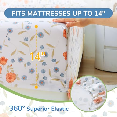 Image of MUXHOMO Full Size 4 Piece Sheet Set, Soft Sheet Set for Bedroom with Deep Pocket Up to 16 inch, Wrinkle-Free Bed Sheet with Flat Sheet, Fitted Sheet & Pillowcases - Orange Blossom