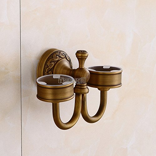 Younge Antique Brass Bathroom Accessories Wall-Mounted Double Toothbrush Holder Cup Holder With Two White Ceramic Tumbler #TOP2