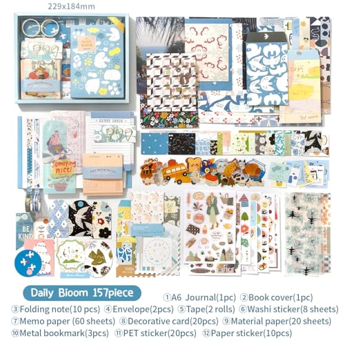 Image of VIBE VISTA Vintage Aesthetic Scrapbook Kit, 346 Pcs, A6 Grid Notebook, Washi, Envelopes, Scrapbook Papers, Folding Labels, Background Papers, Photo Frames, Calendar Stickers, Stickers (Daily Bloom)