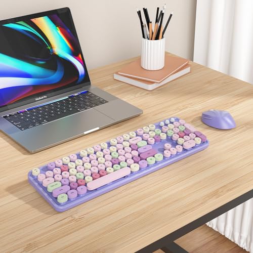 Image of GTSP Typewriter Colorful Purple Keyboard and Mouse Wireless, 2.4GHz Full-Size Retro Cute Office Computer Keyboard with Round Keycaps for Desktop Laptop and PC (Colorful Purple)
