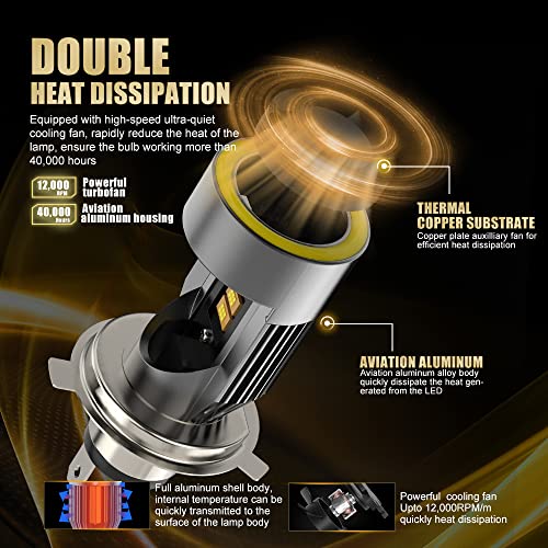 Aolead H4 Led Headlight Yellow Motorcycle W/Angle Eye Daytime Running Light 9003 Hi/Lo Beam 25W 3200Lm Custom Chips High Bright 6000K Conversion Kit #TOP2