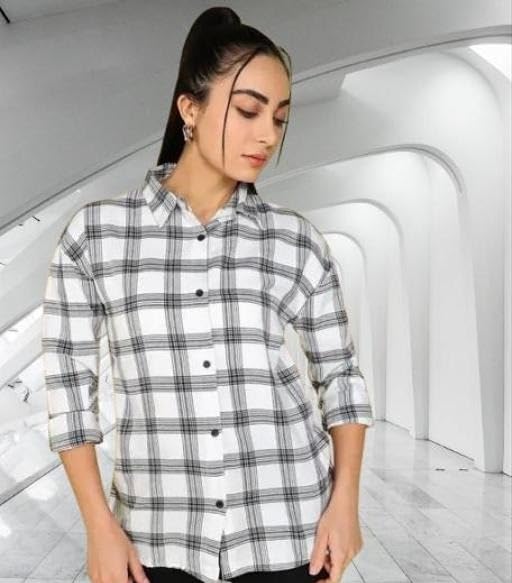 Image of Women Casual Check Shirt Cotton Long Sleeve Stylish Checked Pattern Fashion Clothing