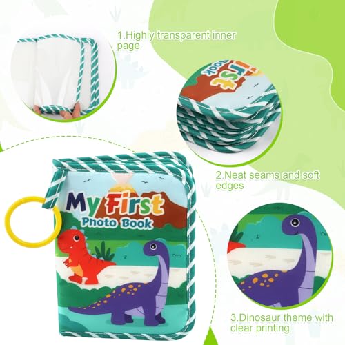 Baby Fotobuch Stoff, Weiches Erstes Fotobuch Baby, Baby Erinnerungsbuch mit Aufhängeöse und Sicherheitsspiegel, Fotoalbum für Kinder Kleinkinder Neugeborene, (Dinosaurier)