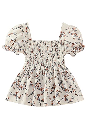 SHENHE Girl's Floral Square Neck Puff Short Sleeve Shirred Blouse Peplum Tops