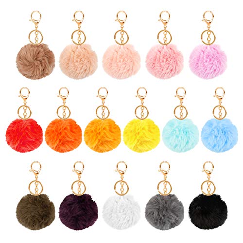 Iyowei Lot de 16 porte-clés à pompons en fausse fourrure de lapin, porte-clés coloré pour femme et fille