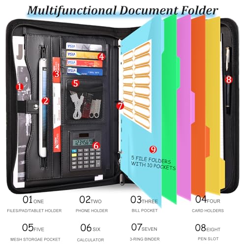 Image of Eshow padfolio Portfolio Binder - 3 Ring Binder with Zipper, Vegan Leather | Includes 5 Colorful Sheet Protectors for Documents & Diles, 1 Pen, and 1 A4 Notepad, Designed for Women and Men