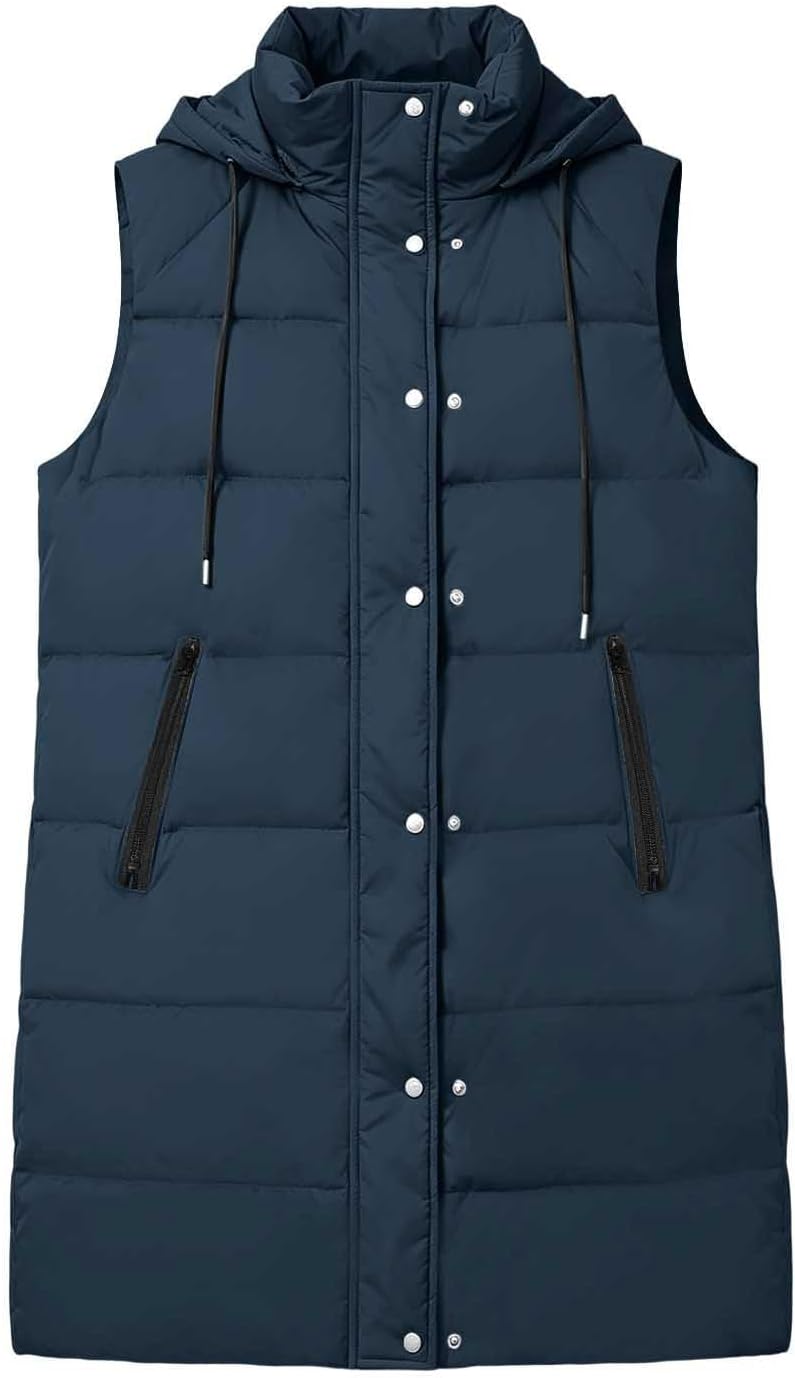 Women's Long Hooded Puffer Vest Snap Button Quilted Winter Coat