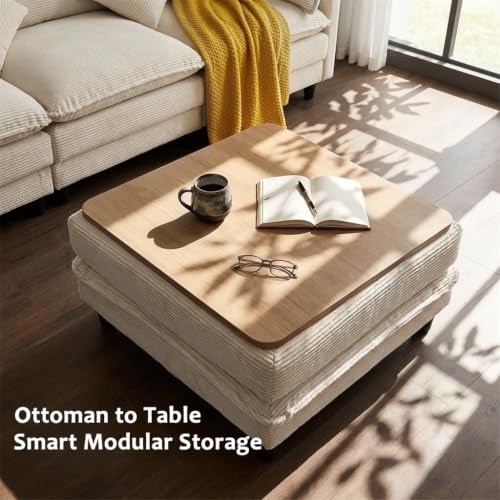 Image of Corduroy Storage Ottoman Coffee Table for Modular Sectional Couch, Corduroy Footrest Extension with Hidden Storage, Modern Soft Cushioned Stool for Living Room, Cream