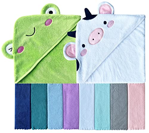 Image of Sunny zzzZZ Baby Hooded Bath Towel and Washcloth Sets, Baby Essentials for Newborn Boy Girl, Baby Shower Towel Gifts for Infant and Toddler - 2 Towel and 8 Washcloths - Frog and Cow
