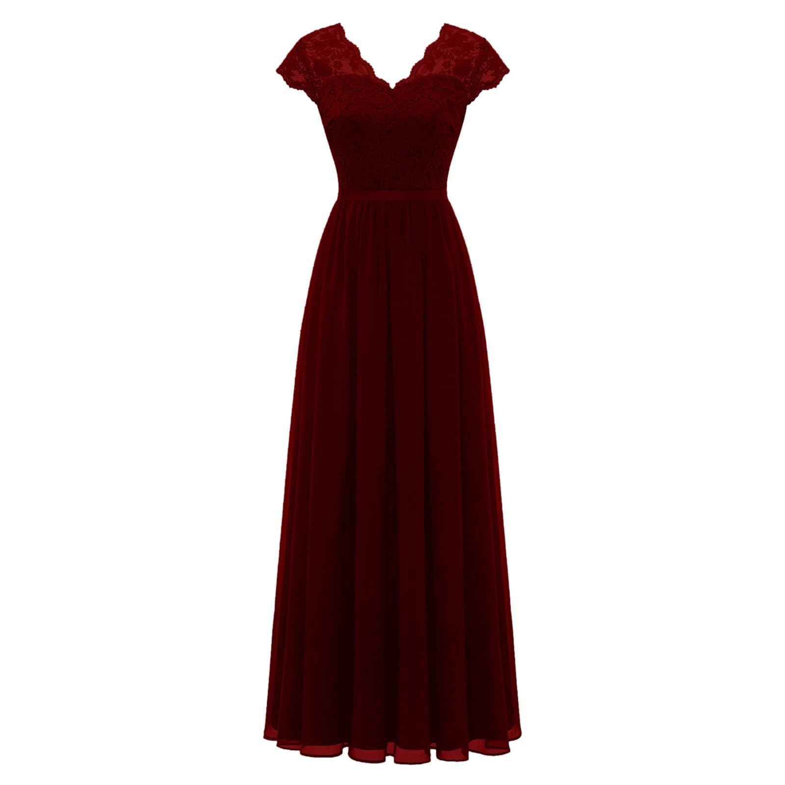 Abendkleid Lang Damen Elegant für Hochzeit v Ausschnitt Kurzarm A Linie Chiffon Festlich Maxi Kleid Ballkleider Mit Spitzen Ärmeln Brautjungfernkleider Cocktailkleid Spitzenkleid