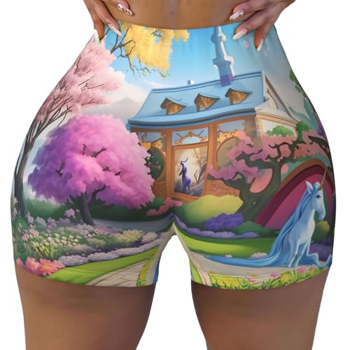 Unicorn Fairy Tale Pattern Sports Shorts, high Elastic Slim Fitness Pants, Suitable for Yoga/Leisure/Daily wear
