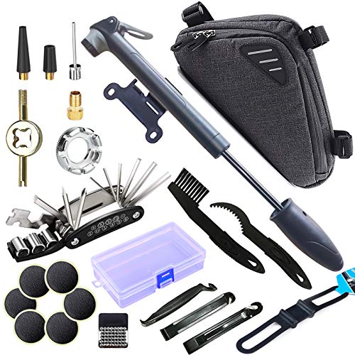 SPROUTER Bicycle Repair Tool Set with Bicycle Frame Bag in Triangle, Bike Pump wih Schrader & Presta, 16 in 1 Bike Multitool Repair Tool and Tire Repair kit with Self-Adhesive Patches, Spoke Wrench