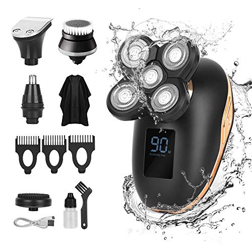 Head Shaver Electric Razor for Men, 5 in 1 Head and Face Electric Rotary Shaver, Waterproof, Faster-Charging Men's Grooming Kit with Nose Hair & Hair Clippers, Facial Cleaning Brush (02)
