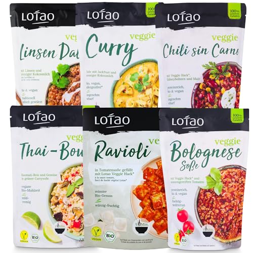 LOTAO Vegane Fertiggerichte - Ready to eat Bundle: 6 BIO-Gerichte ohne Zusätze und Soja | Schnell und praktisch: Fertigessen für Mikrowelle und Pfanne | Vegane Lebensmittel in Geschenkbox