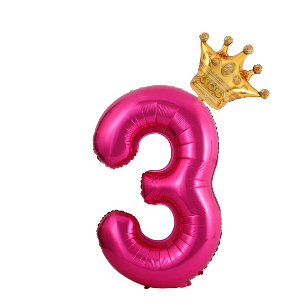 40 Inch Hot Pink Crown Numbers 3 Balloons ，3rd Birthday Party Balloons Deorations Supplies，Giant Big Foil Mylar NumbersBalloons (Hot Pink 3)