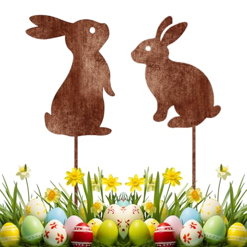 PIujsym 2er Set Gartenstecker Rost Hasen, Osterdeko Outdoor Figuren, Blumenstecker Metall Edelrost, Ostern Deko für Blumentopf und Beet, Patina Landhausstil, 30cm Gesamthöhe