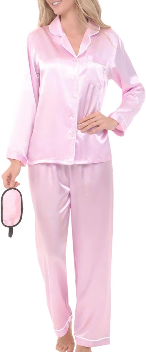 Alexander Del Rossa Long Sleeve Satin Pajama Set for Women, Satin PJs for Women Set, Womens Satin Pajama Set