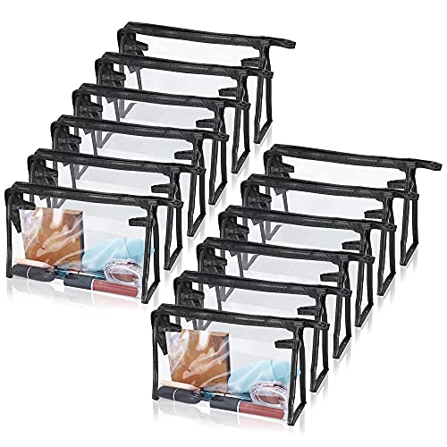 12 Pcs Portable Transparent Cosmetic Bags, Clear Waterproof Makeup Bags with Handle, PVC Travel Toiletry Bags Pouches, Clear Pencil Cases, Stationary Organizers(Black)