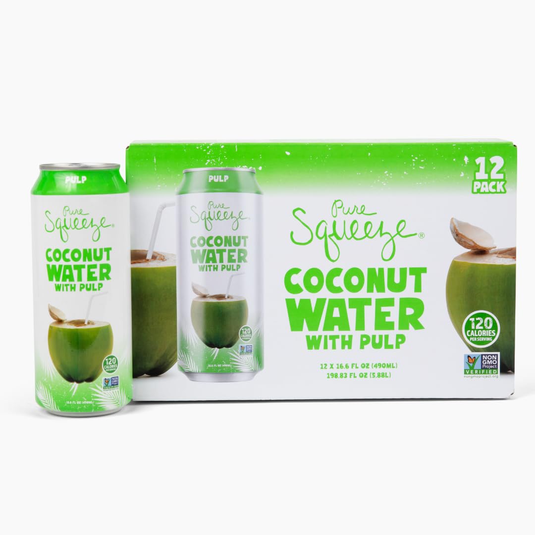 Pure Squeeze Coconut Water with Pulp (490mL - 12pk) Essential Electrolytes, Non-GMO, Plant-Based Hydration (Coconut Water with Pulp)